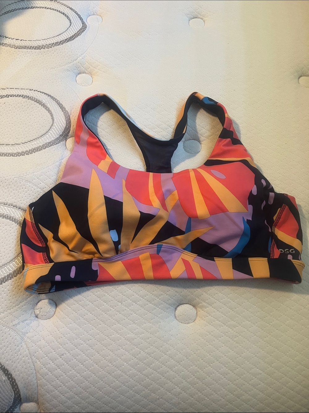 DSG Multicolor Tropical Print Racerback Sports Bra - Black, Yellow, Pink
